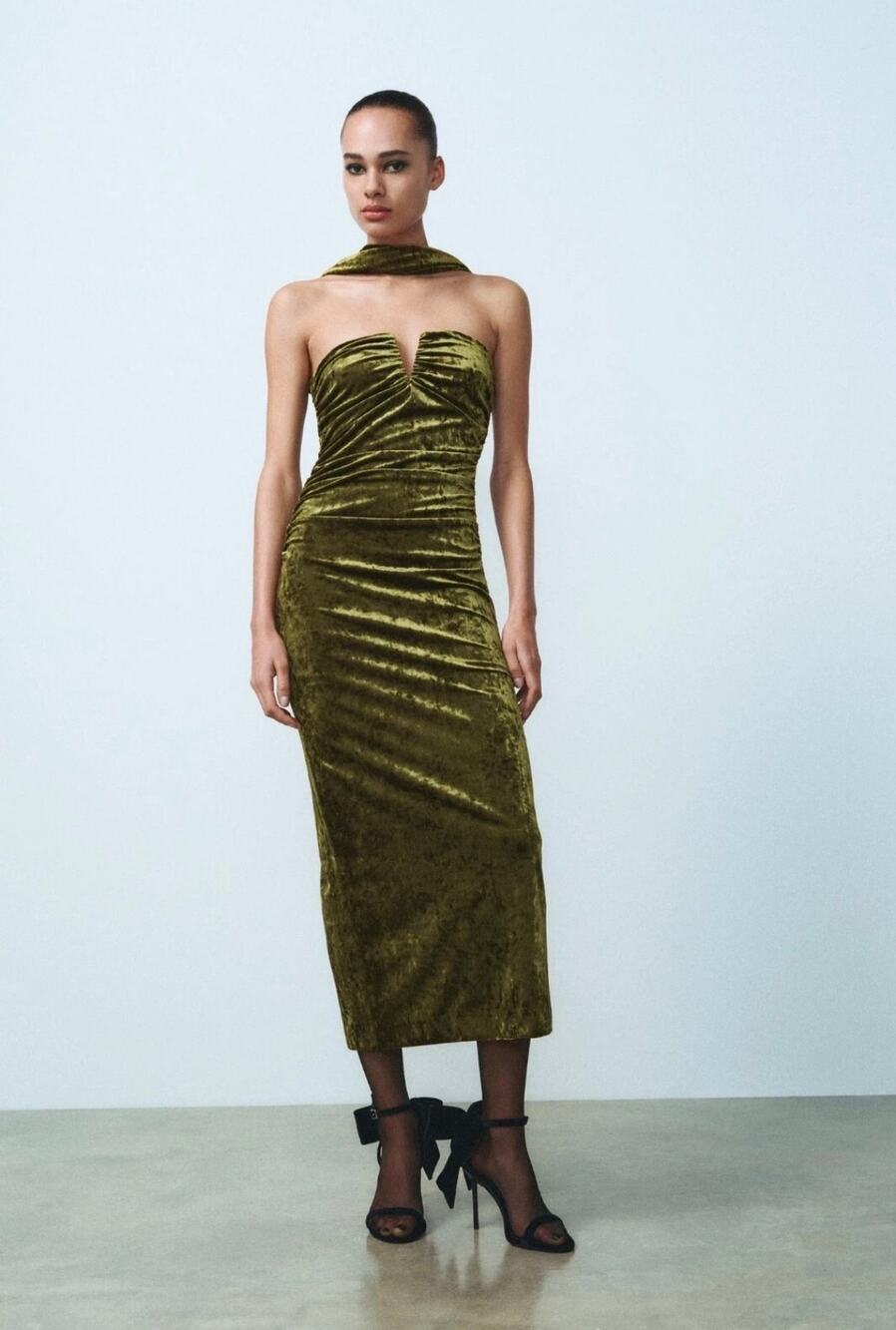 Zara Strapless Velvet Dress Green Grass Sz L wedding guest night out red carpet